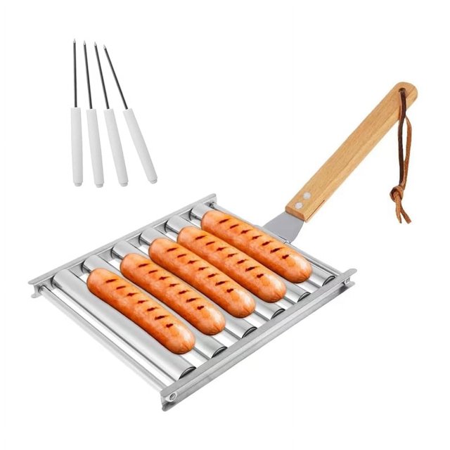 Rodillo para salchichas, parrilla de acero inoxidable con mango de madera, parrilla para salchichas para barbacoa para una cocción uniforme de salchichas