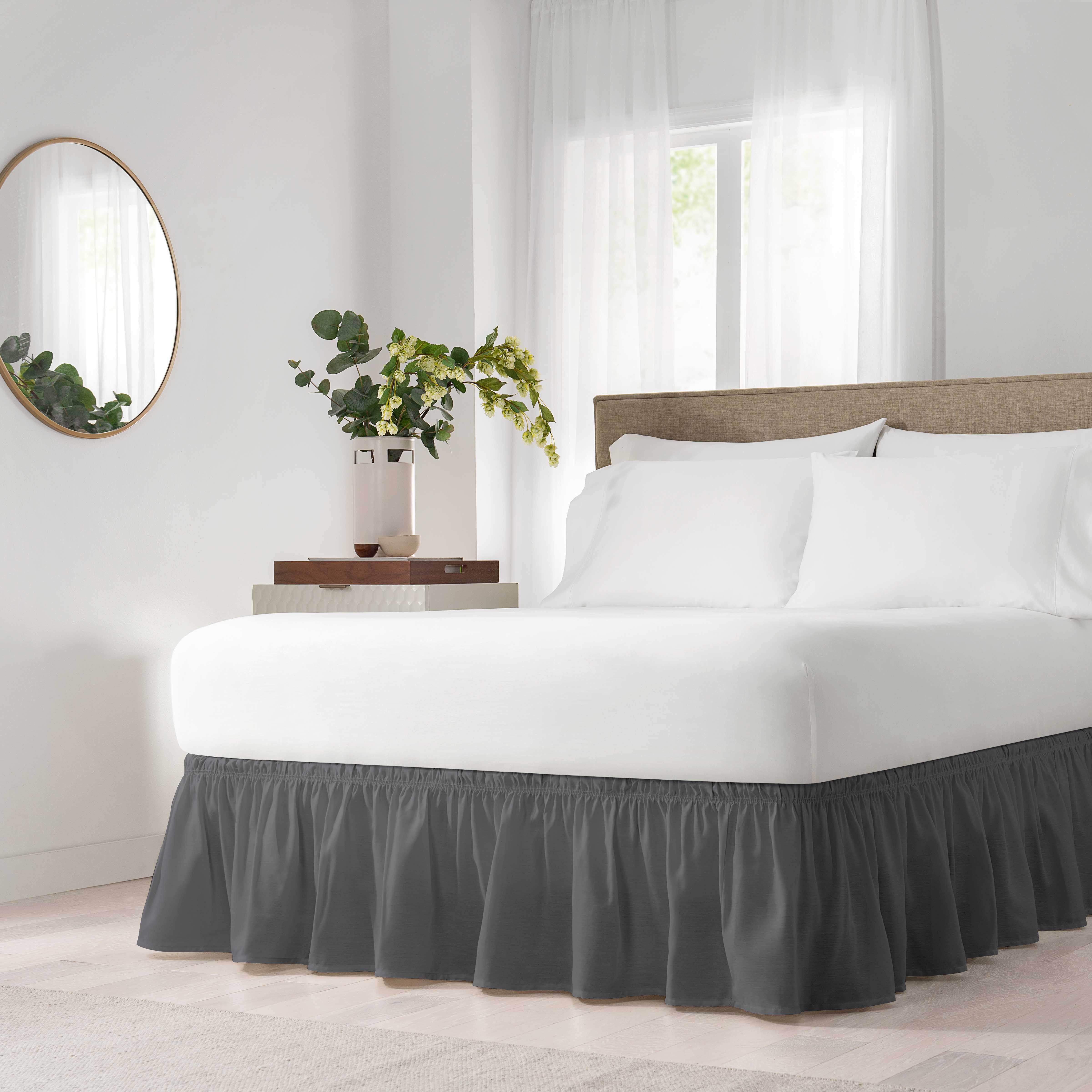 EasyFit Wrap Around Dark Gray Solid Ruffled Bed Skirt, Queen/King
