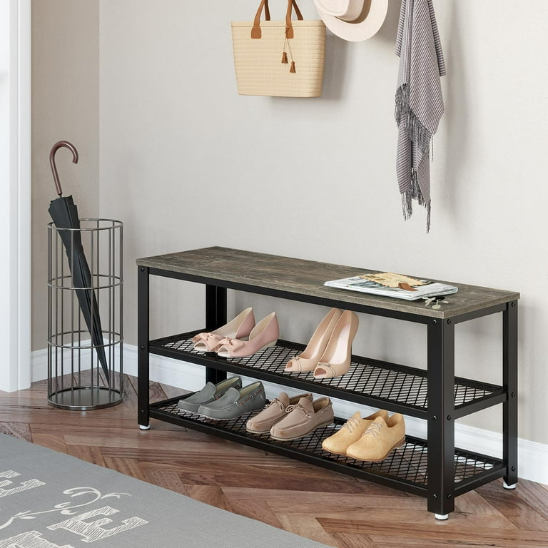 Burnt Wood Entryway Shoe Rack Bench With Black Metal Frame