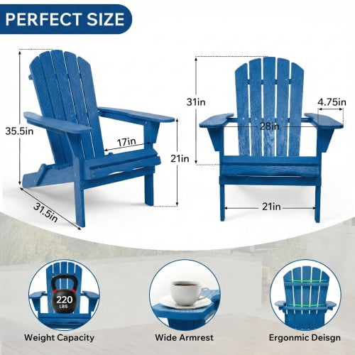 Embossed Wooden Outdoor Folding Adirondack Chair, Solid Wood Patio Chair with Wood Grain Texture, Pre-Assembled Backrest, for Garden, Backyard, Porch, Pool, Deck,Navy Blue