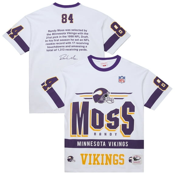 Men's-Mitchell & Ness Randy Moss White Minnesota Vikings Name & Number Team Origins Vintage Logo T-Shirt