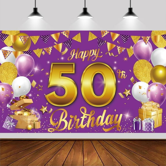 Purple Gold 50th Happy Birthday Backdrop,Purple Gold Happy Birthday Photography Background Banner