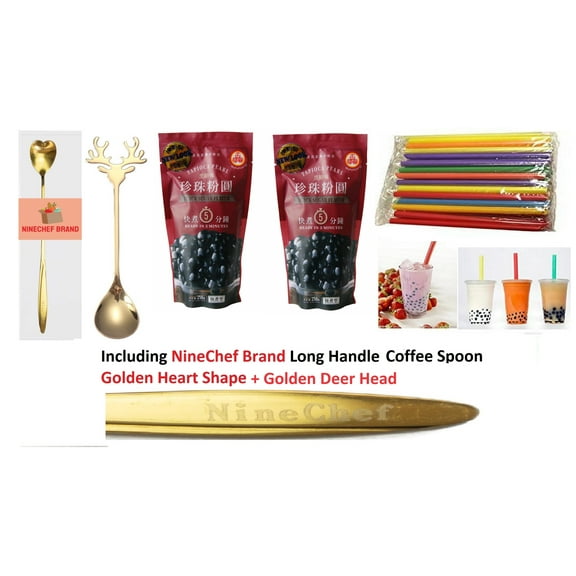 NineChef Bundle - WuFuYuan - Black Tapioca Pearl 8.8 Oz (2 bag)   35 Extra wide Fat Boba Drinking Straw   2 NineChef Spoons (Golden Heart and Deer Head)