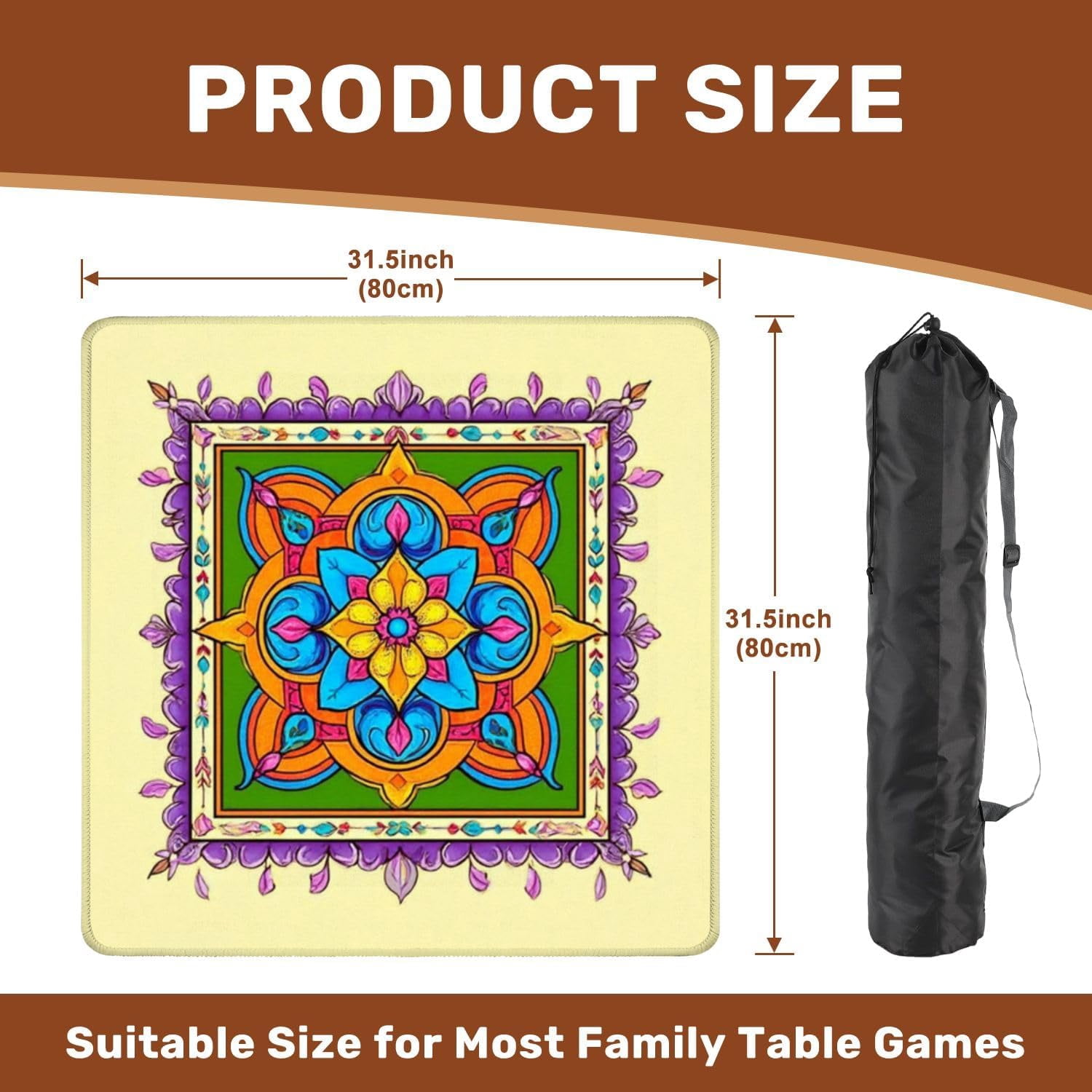Mahjong Mat 31.5" x 31.5" Colorful Mandala Floral Art Vibrant Hues Intricate Patterns Non-Slip Noise Reduction Mahjong Tiles Table Cover for Dominoes Poker Card Board and Tile Games Gift
