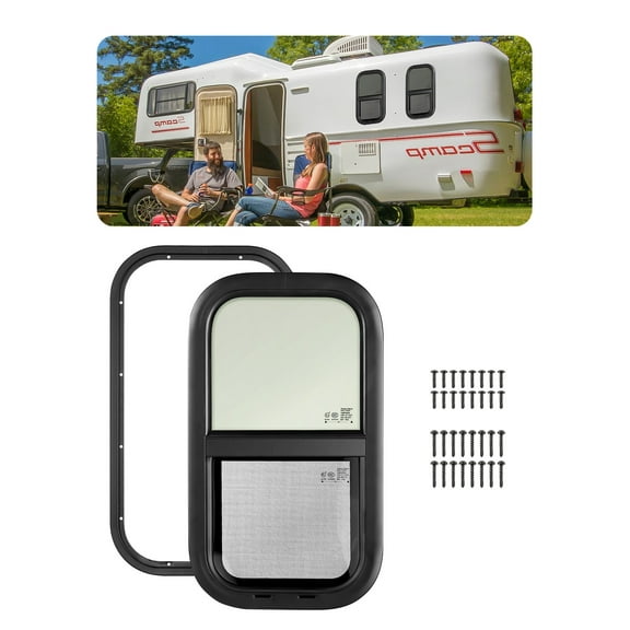 KFFKFF Upright RV Window, Dimensions 12" W x 22" H, Features Tinted Slide Functionality with Net Screen & Trim Ring, Suitable for 15/16" - 1 3/4" Wall Thickness, Ideal RV Window, DOT Certified