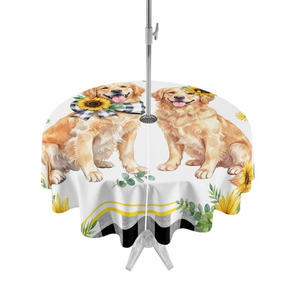 Outdoor Tablecloth with Umbrella Hole for Patio/Picnic/Party/Camping, Sunflower Dogs Waterproof Table Cloth Round Cover Washable, Cute Puppy Black Buffalo Plaid (Dia 60")