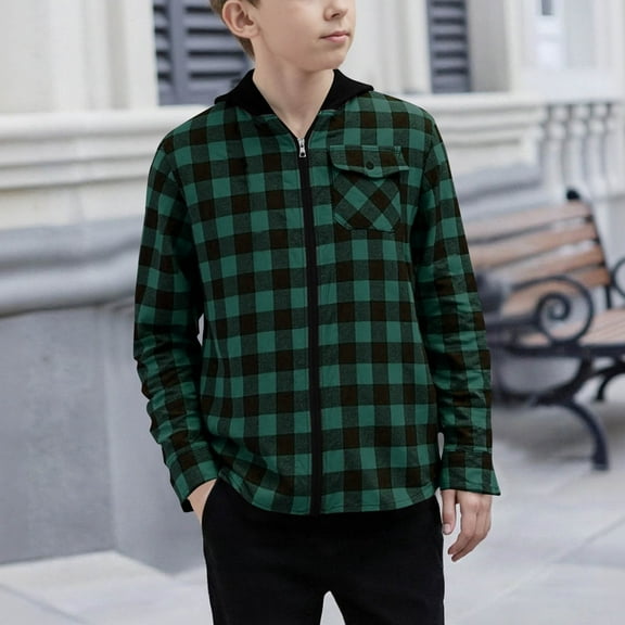 Boys Zip up Plaid Jacket Long Sleeve Hoodie Plaid Flannel Shirt Jacket Outerwear Tops Green 130