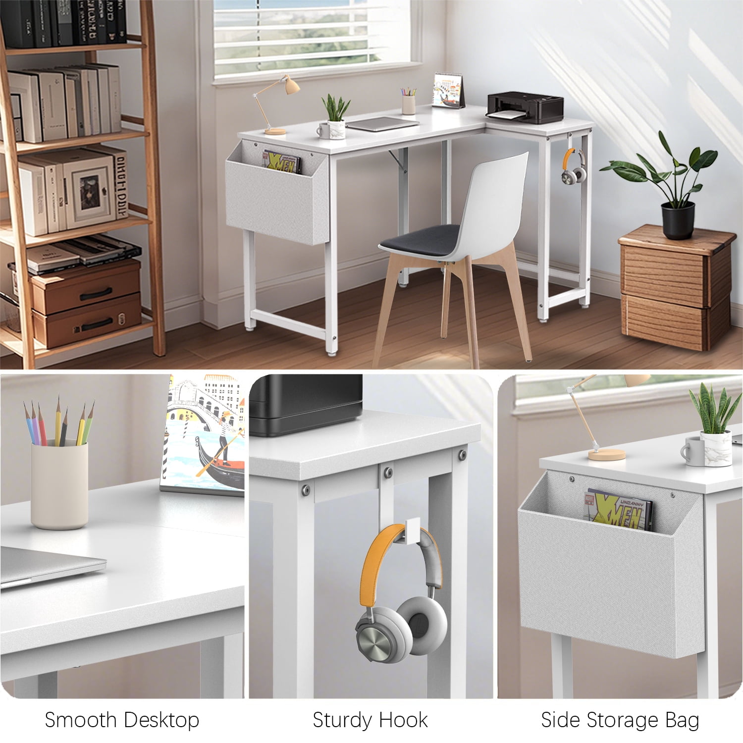 Koligey 47" L-Shaped Ergonomic adults Gaming Desk with Headphone Hook for Game Players, White
