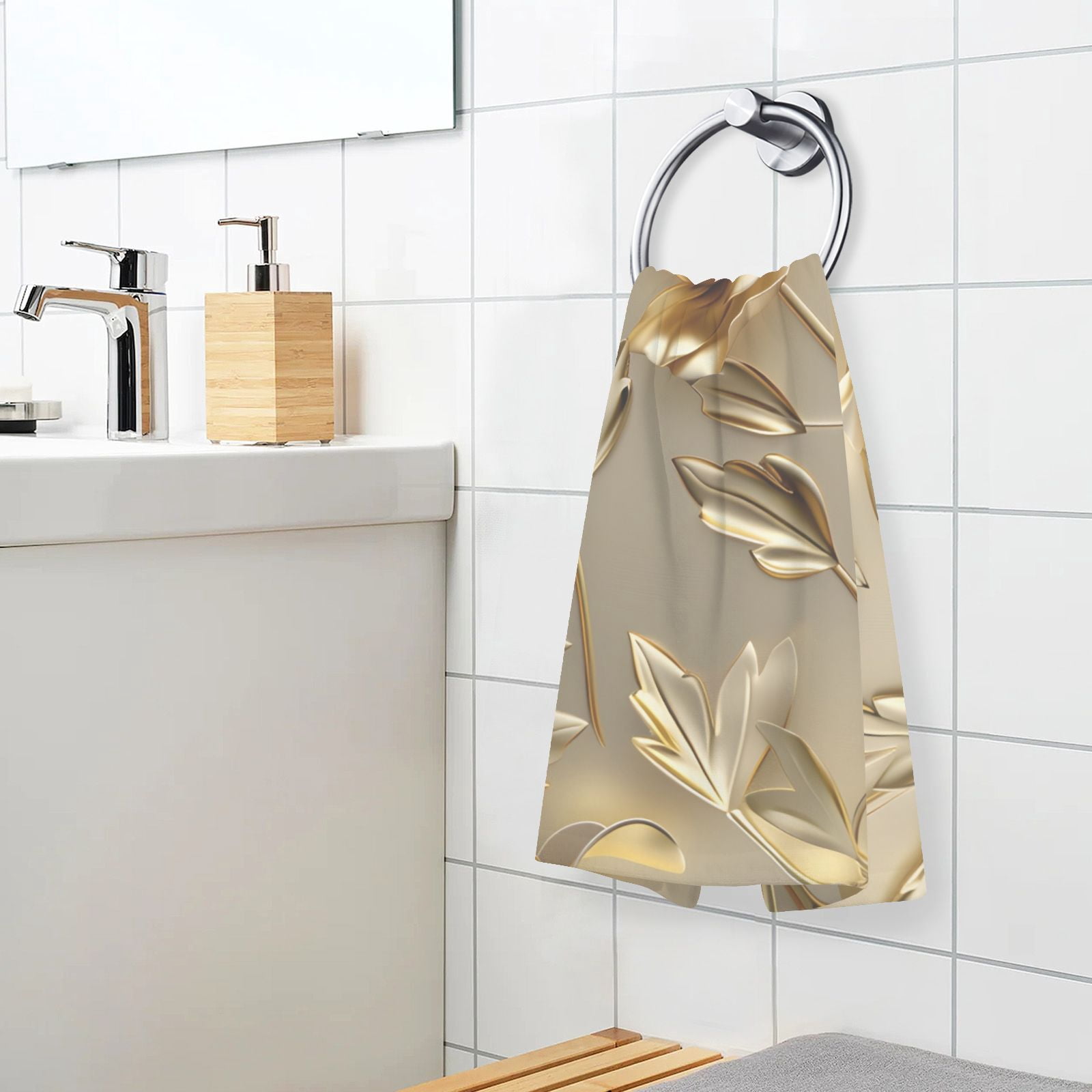 Gold Flowers and Leaves Hand Towel Bath Towels Face Towels Cotton Absorbent for Home Hotel Spa Swimming Yoga Sports Decorative Towel Set of 2