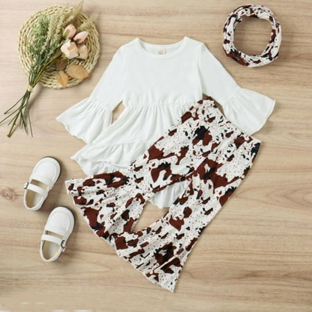 

Uccdo 6M-4T Toddler Baby Girls Clothes Long Sleeve Cow Print Outfit Solid T-Shirt + Flare Pants Bell-Bottom Leggings + Headband Set