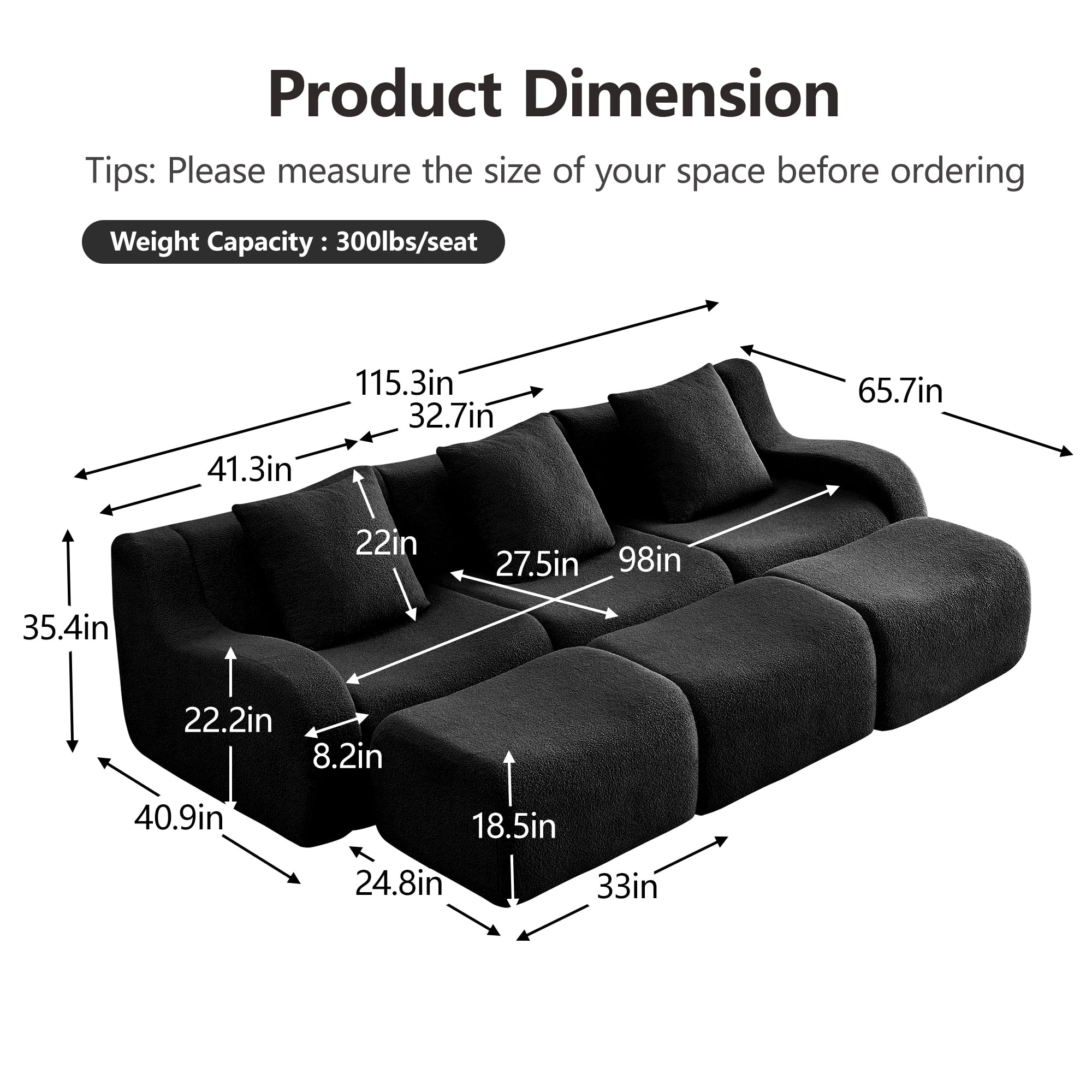 Alvantor Sectional Sofa with Reversible Ottoman 115" W 3-Seater Teddy Boneless Couch Chaise Modern Deep Seat Cloud Sofa for Living Room Black