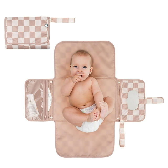 Tiny Twinkle Cambiador de pañales portátil, plegable, impermeable, cambiador de bebé para recién nacidos, niña y niño con bolsillo inteligente para toallitas (cuadros beige)