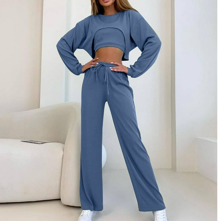 RQYYD Jogging Suits For Women 2 Piece Sweatsuit Outfits Long Sleeve Half Zipper Lapel Crop Top Wide Leg Pants Solid Color Tracksuit Set Mint Green XL