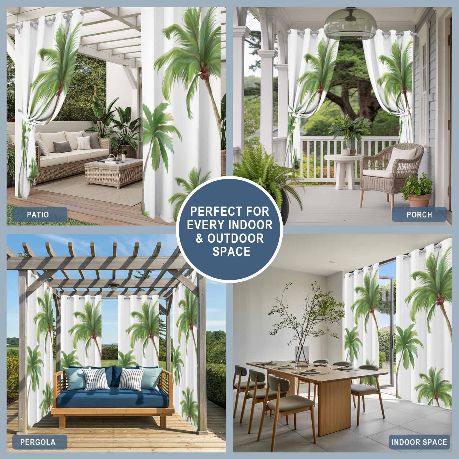 Summer Palm Trees Outdoor Curtains for Patio, Green Tropical Leaves Coastal Realistic Textures Sunshade Privacy Drapes Grommet Waterproof Outside Curtains for Porch/Cabana/Balcony 54"x 108", 1 Panel