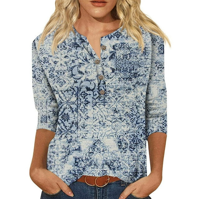 Innerwin Hauts Imprimé Floral T-Shirt Femme Col Rond Ample Bleu Blanc 2TG