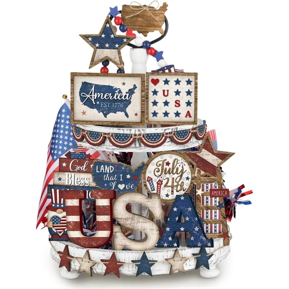 25 Pack 4th of july decorations,Independence Day Tiered Tray Decor Set with USA Map and Star,Patriotic Tiered Tray Decor for Memorial Patriotic Day Independence Veterans Day Party Supplies