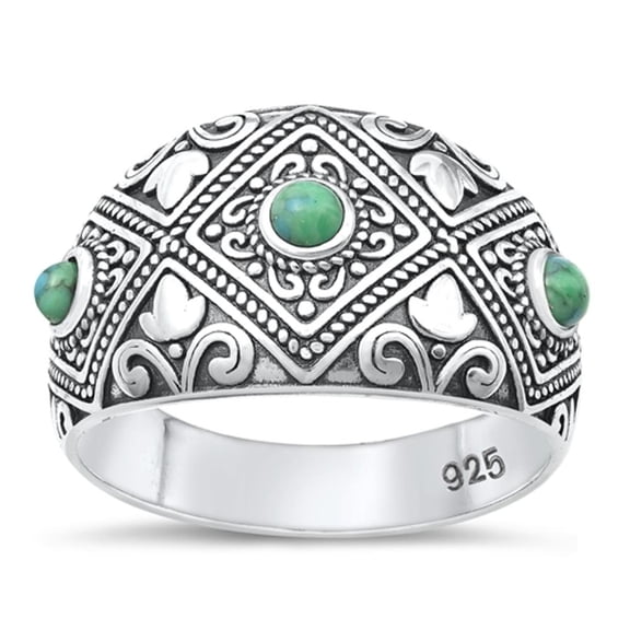 Simulated Turquoise High Polished Ring 925 Sterling Silver Celtic Bali Band Blue CZ Female Size 7