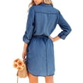 thumbnail image 4 of Women Casual Long Sleeve Short Denim Dress Solid Color Button-Down Lapel Shirt Dress with Belt Mini Jean Dress, 4 of 5