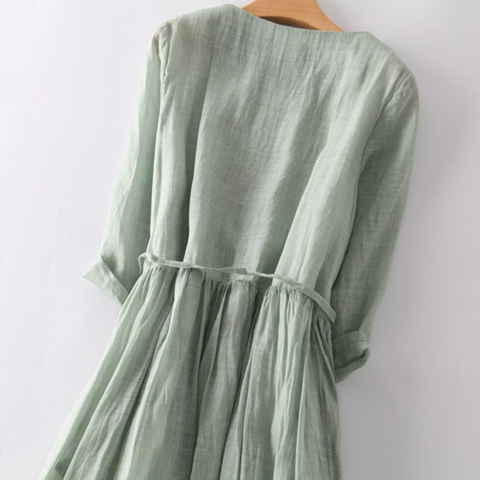 Cotton Linen Sundress for Women Solid Color 3/4 Sleeve Button Maxi Dress Tunic Bow Tie Front Layered Flowy Dresses