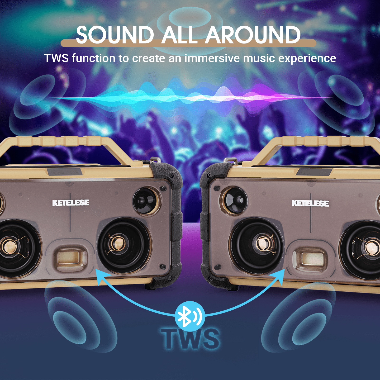 Unique CD Player with 4 Glass Diaphragms Speakers, Portable Bluetooth Speaker Powerful Sound, FM Radio/ AUX Audio/24H Playtime/ 2 Huge LED Lights/ TF Card Slot, for Camping/Backyard/Party
