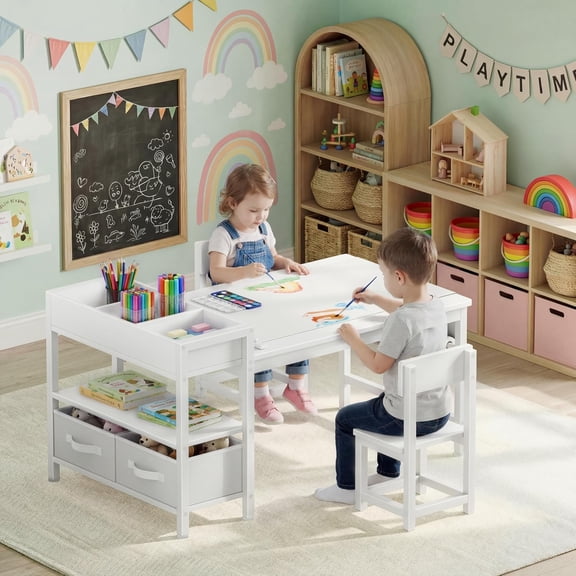 haoqianqian Kids Art Table and Chair Set, Toddler Craft Table with Storage Drawers, Play Desk for Kids, Children Activity Learning Center, White