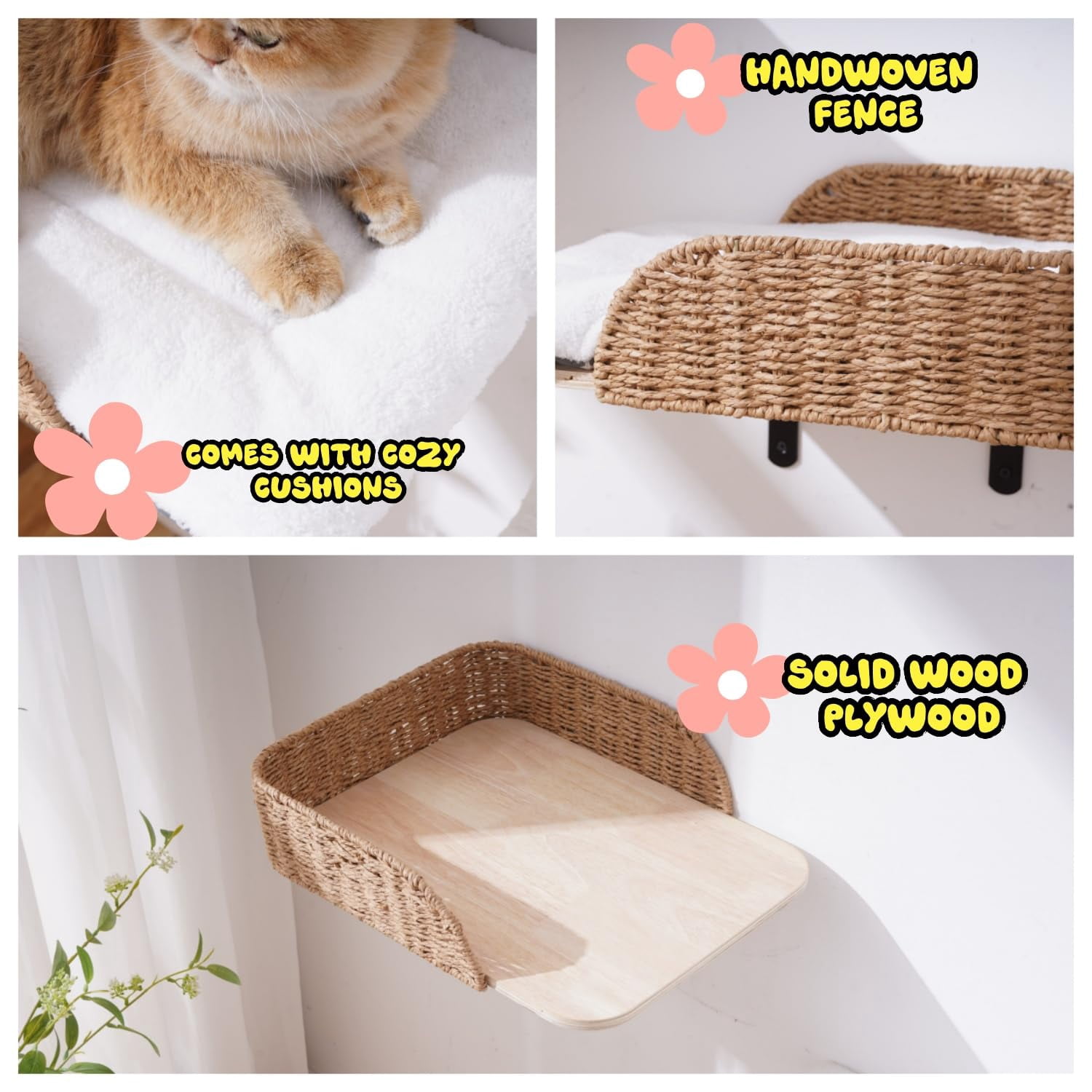 Wall Mounted Cat Bed Perch 12.6“ x 16.5” 2-Pack Wooden Shelves with Washable Pillow Cushions