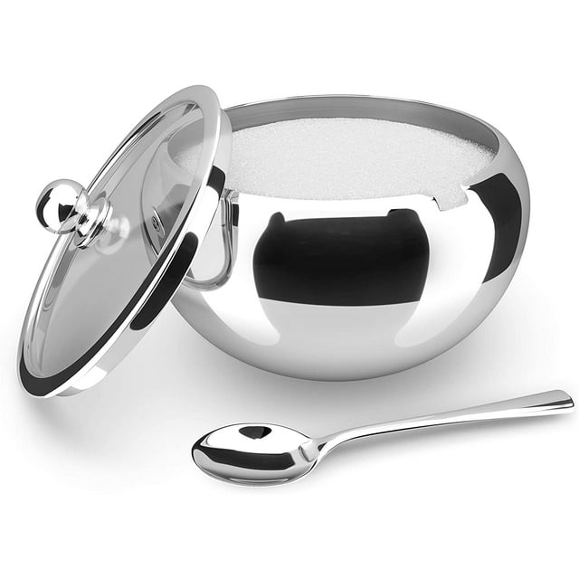 Contenant à Sucre Design Classique avec Couvercle en Verre Transparent, Acier Inoxydable, Incassable et Durable, Lavable au Lave-Vaisselle, pour Maison, Hôtel, Café, Buffet, Fête (Contient 2 Tasses de Sucre, 16.9oz)