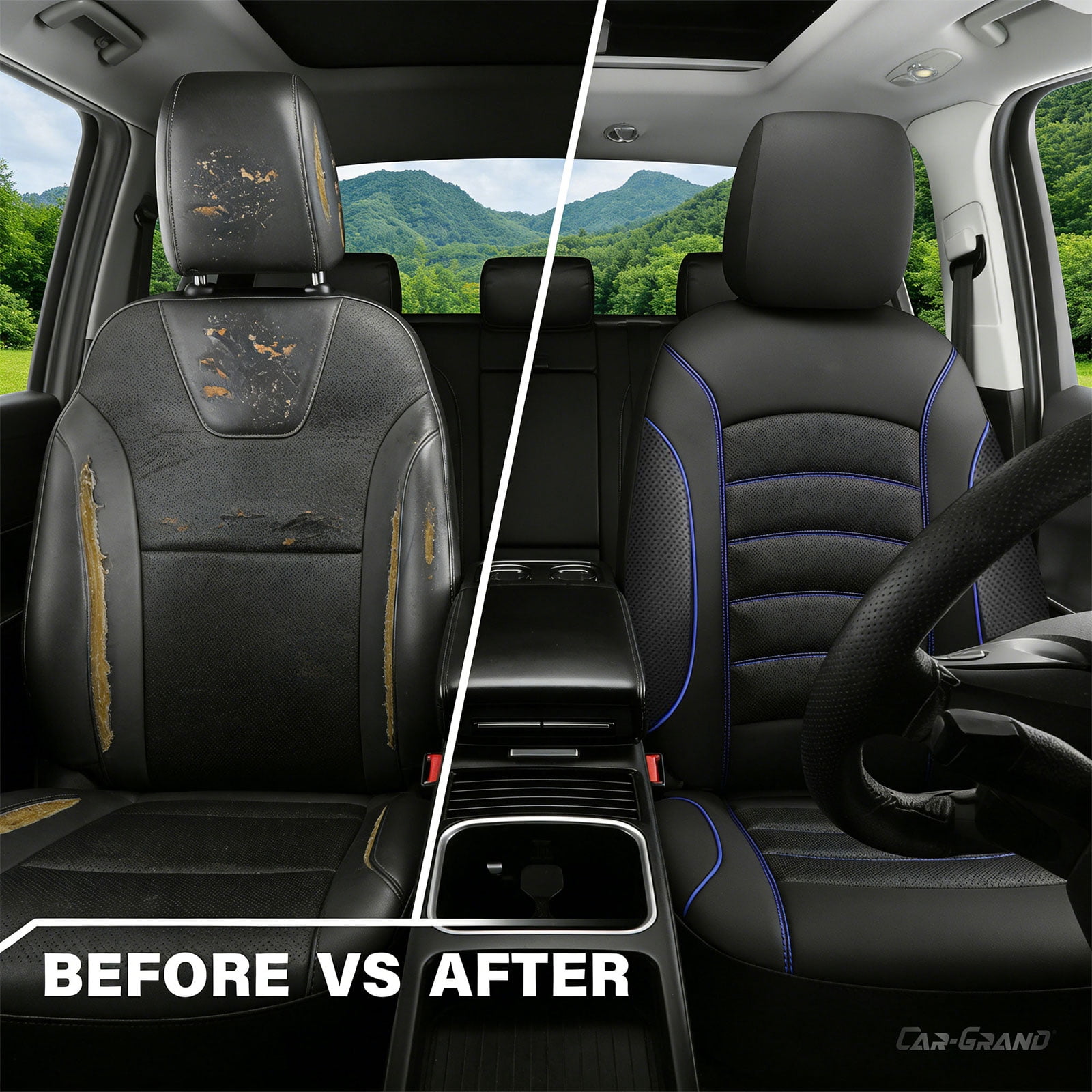 CAR GRAND PU Leather Car Seat Covers, Universal Fit Front Pair for Trucks SUV Sedan Automotive Seat Protectors Armrest Airbag Compatible Waterproof 3D Foam Comfortable Faux Nappa Leather Blue  Piping