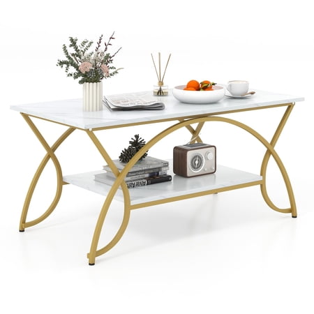 Marble Coffee Table with Storage and Gold Finished Metal Frame Chic Rectangular End Table for Living Room Office Lounge