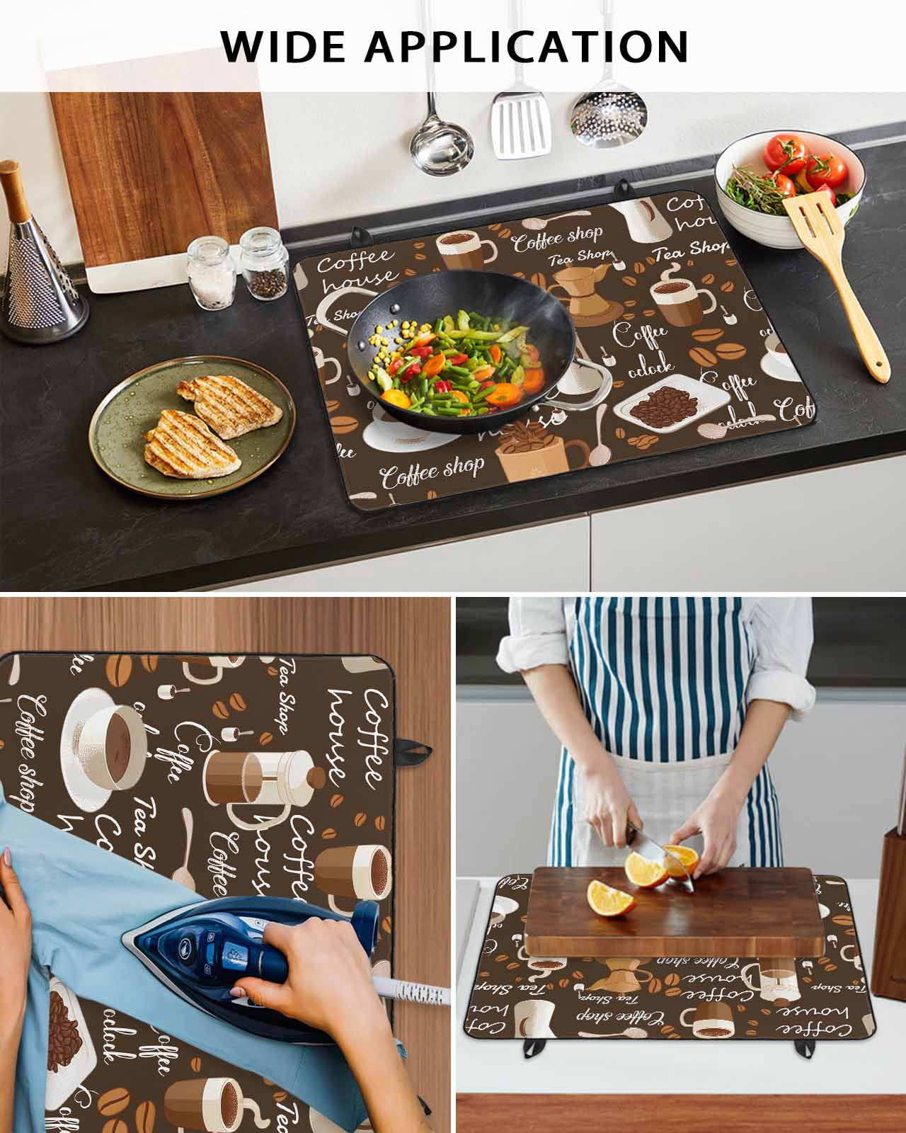 Large Induction Cooktop Protector Mat Coffee Stove Top Covers for Electric Stove, Brown Retro Coffee Theme Beans Latte Tea Cup Decorative Stove Burner Cover Mats, Glass Top Stove Cover
