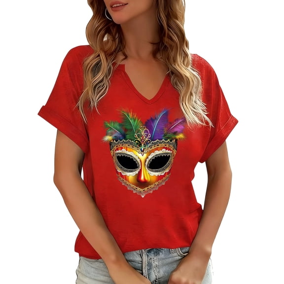 Erwazi Womens Mardi Gras T-Shirt Graphic Printed Short Sleeve V Neck Tees Carnival Party Tee Top