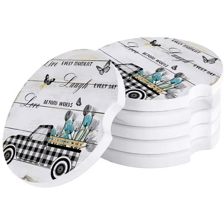 

KXMDXA Black Plaid Truck with Farm Tulips Inspirational Quote Wood Grain Set of 2 Car Coaster for Drinks Absorbent Ceramic Stone Coasters Cup Mat with Cork Base for Coffee Table Bar Decor