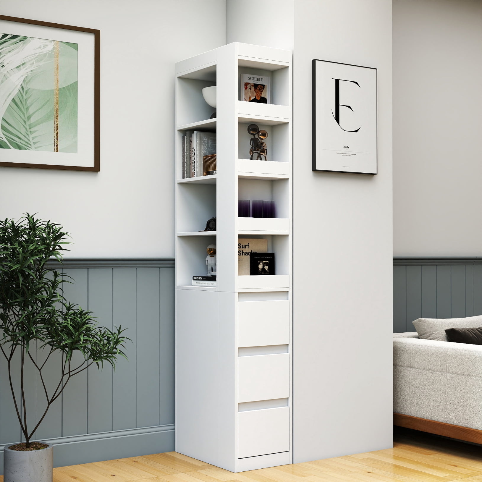 70.87" H Wooden Bookshelf with 3 Drawer, 4 Tier Narrow Display  Storage Cabinet, Corner Book Case for Bedroom Living Room Office, White