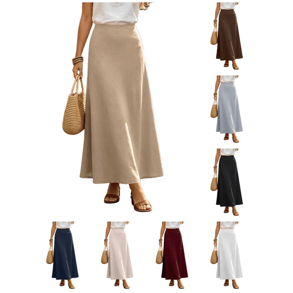 Busydd Linen Long Skirts for Women Trendy Stretch Solid Color Fall Skirt Casual Elastic Waist Maxi Skirt
