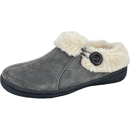 

Clarks Womens Suede Leather Slipper with Gore and Bungee JMH2213 - Warm Plush Faux Fur Lining - Indoor Outdoor House Slippers For Women (Grey Premium Suede 6)