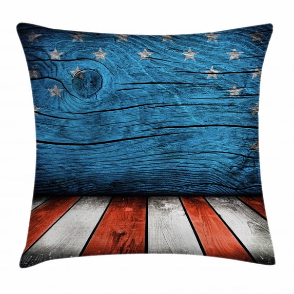 Primitive Country Decor Throw Pillow Cushion Cover, Rustic Empty Wooden Interior with American Flag Design Print, Decorative Square Accent Pillow Case, 16 X 16 Inches, Blue Red White, by Ambesonne