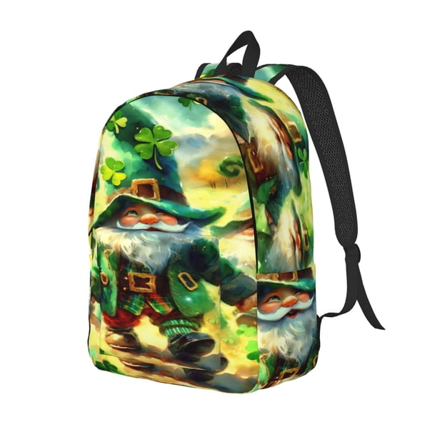 Disketp st. patrick’s day gnomes print Canvas Backpack Lightweight Travel Daypack Student Rucksack Laptop Backpack-Small