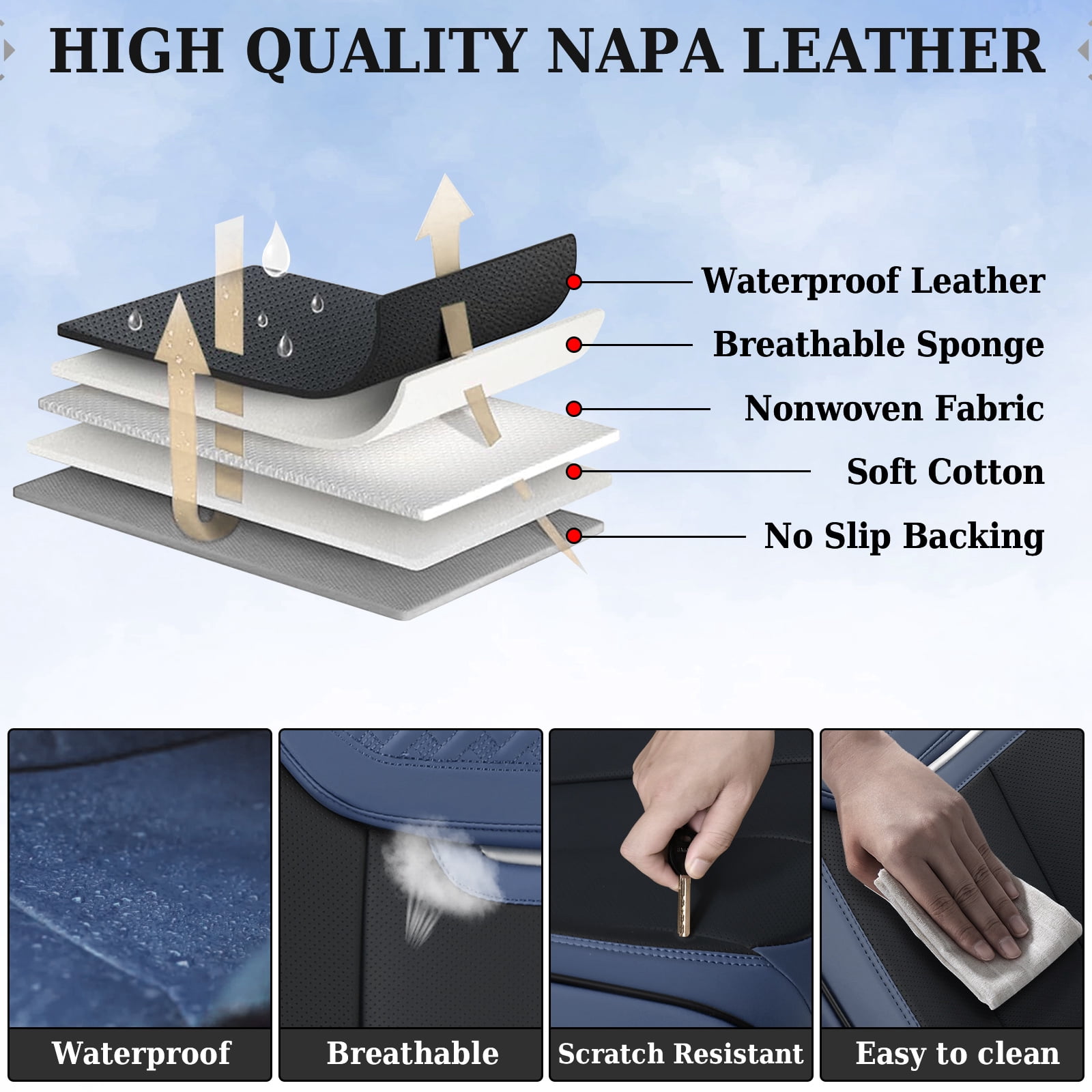 Coverado Front Car Seat Covers, Luxury Leather Car Seat Protectors, Automotive Interior Cushions Universal Fit Most Cars, Black&Blue