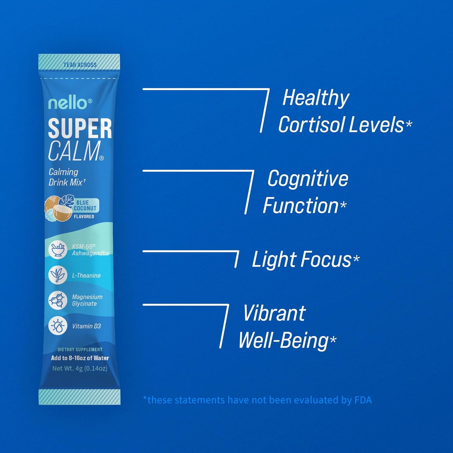Nello Supercalm Drink Mix - Ashwagandha KSM 66, Magnesium Glycinate & L-Theanine Supplement - Ashwagandha Root Extract - Focus and Relaxation Support (20 Travel Packets) - Blue Coconut