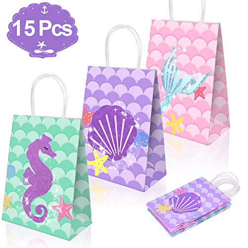 3D Mermaid Pattern Glitter Treat Mermaid Paper Bags for Under The Sea Party Mermaid Gifts Bags,Party Supplies Favors Goodie Bag Pack of 14, Blue 