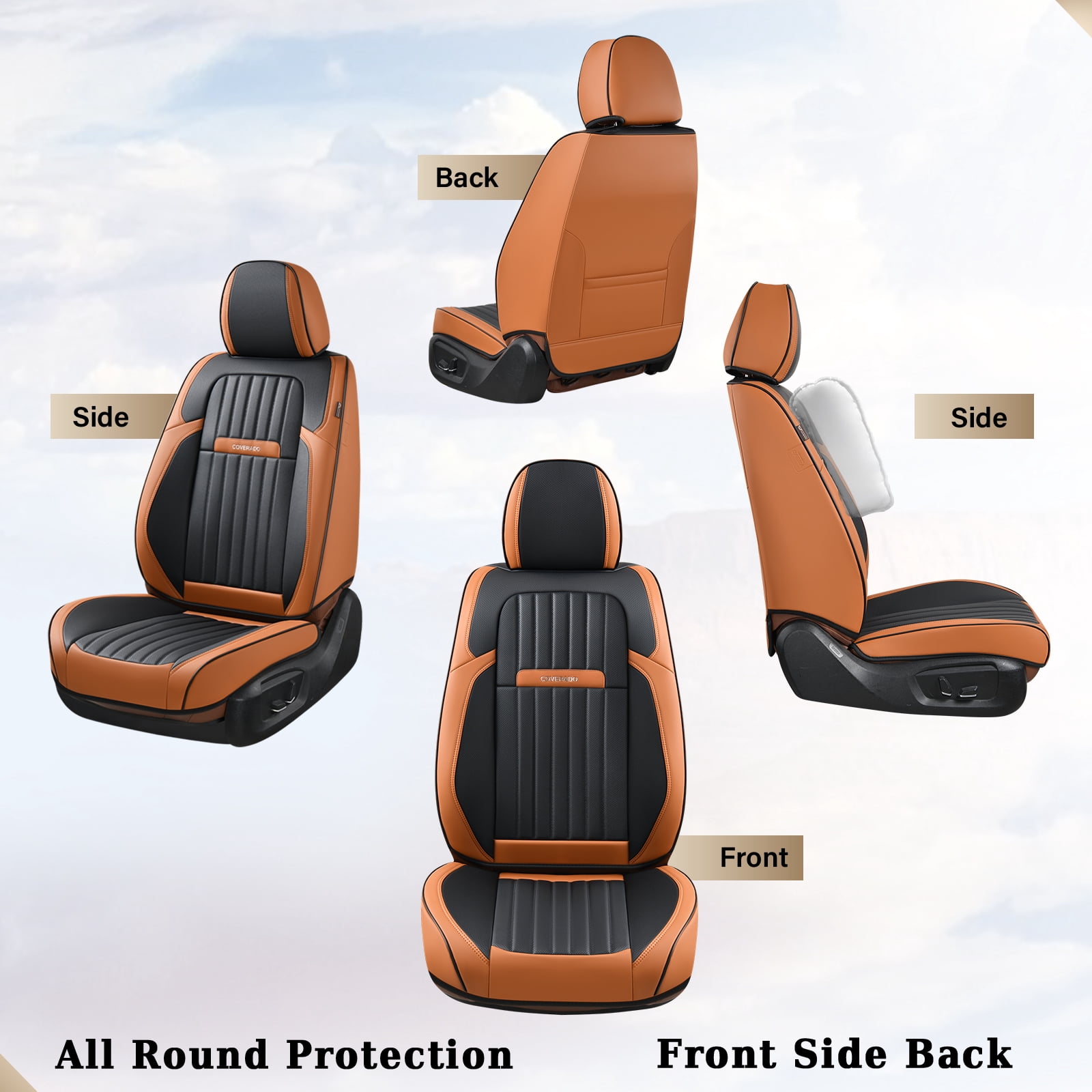 Coverado Car Seat Covers Full Set, Black&Brown Front and Rear Seat Protectors, Waterproof Faux Leather Universal Fit for Most Cars