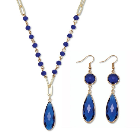 Blue Crystal Goldtone Vintage-Inspired Necklace and Earring Set
