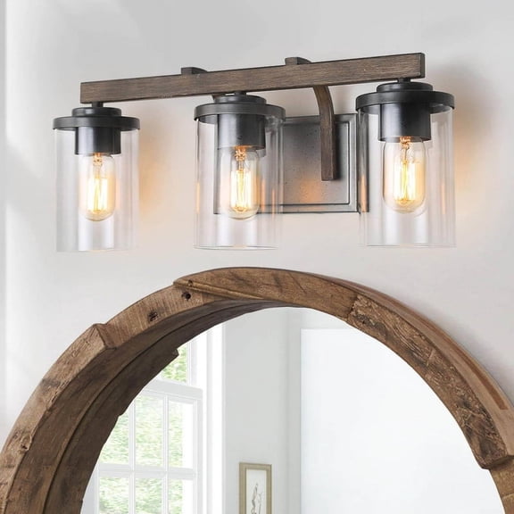 LNC Farmhouse 3-Light Vanity Light with Wood and Glass, 20-Inch Rustic Bathroom Fixture