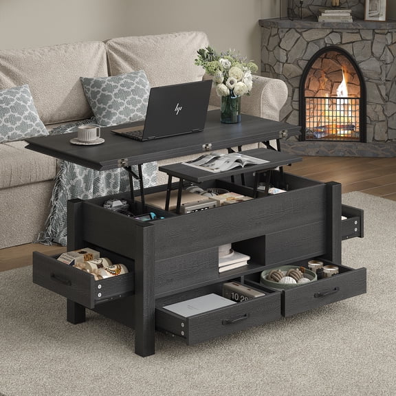 Lift Top Coffee Table, 39.4" Multi-Function Convertible Coffee Table with 4 Storage Drawers & Hidden Compartment, Wood Center Table for Living Room, Dining Room, Home Office, Black