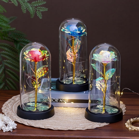 GeBuSn Rose Forever Preserved Light Up Rose In Glass Dome Colorful Eternal Rose Mom For Her Wife Thanksgiving Anniversary (Gold,Plastic Cover) (A)