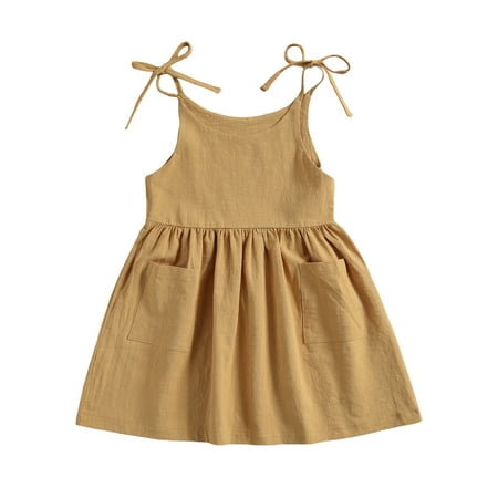 

Nokpsedcb Toddler Baby Girls Sleeveless Sling Solid Color Tie Up Cotton Dress with Pocket Khaki 2-3 Years