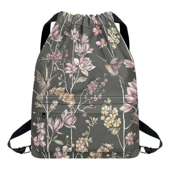 Xoenoiee Hummingbird Flower Print Drawstring Backpack with Zipper Pocket for Men Women, Lightweight Gym Pack Waterproof String Cinch Bag Sackpack for Shopping Travel Sport Yoga