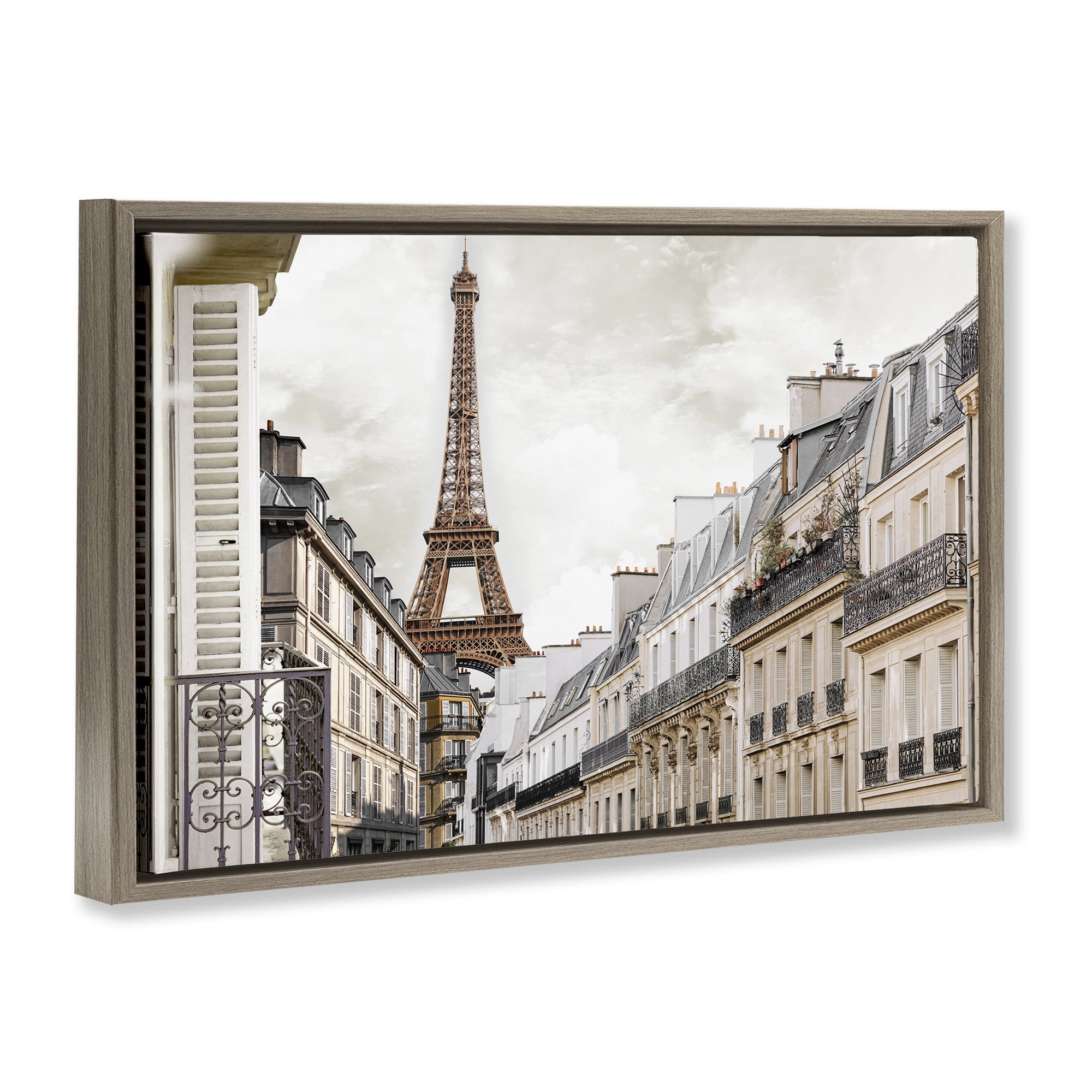 Stupell Industries Eiffel Tower Through Parisian Balconies Brown Framed Floater Canvas Wall Art, design by CAD Designs