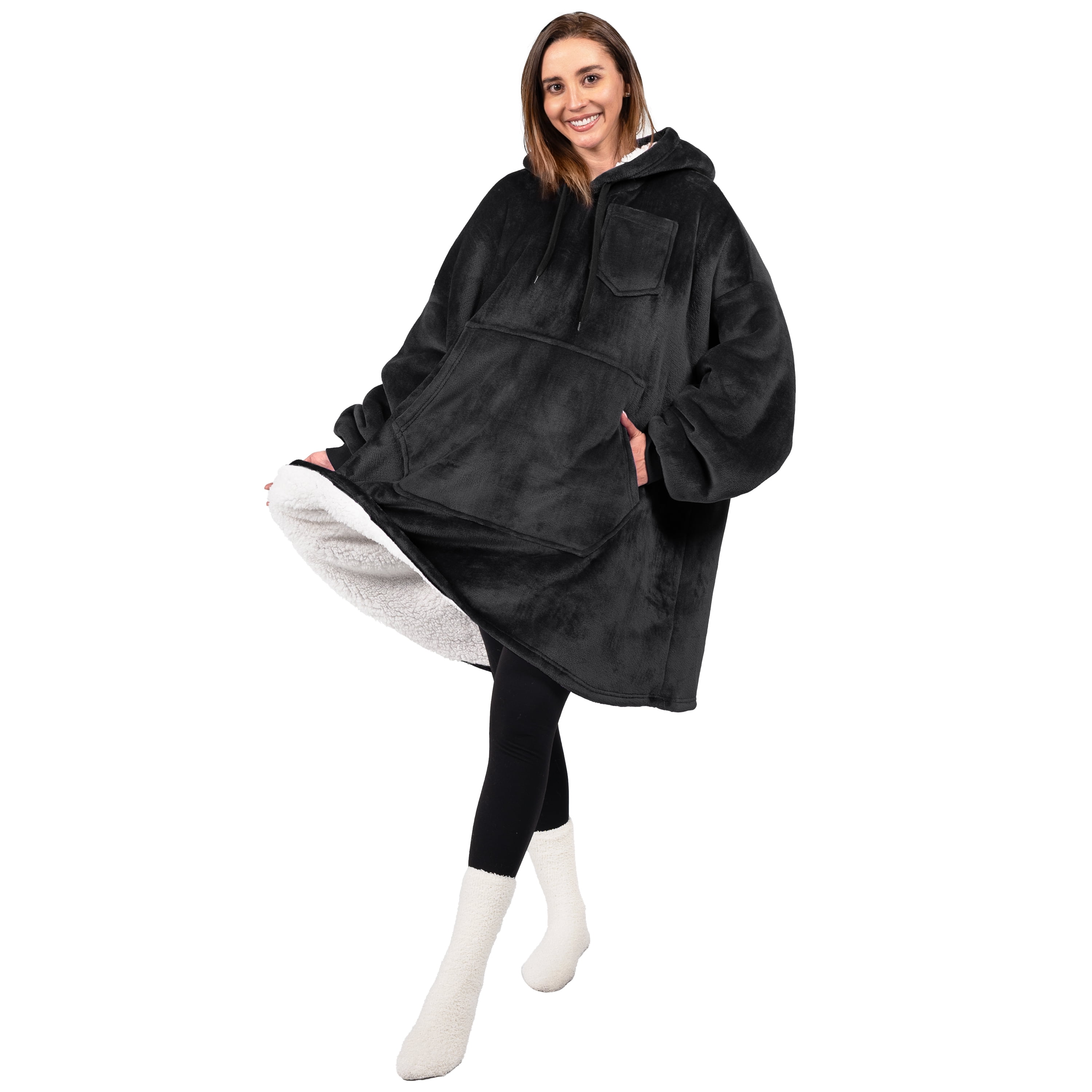PAVILIA Blanket Hoodie for Women Black, Sherpa Wearable Blanket Men, Cozy Oversized Sweatshirt Blanket, Warm Fleece Hooded Blanket Sweater with Sleeves and Giant Pocket, Black