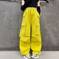 thumbnail image 2 of CPNG Girls Casual Cargo Jeans Teen Girls Wide Leg Straight Solid Color Pants Daily Elastic High Waisted Denim Trousers(Yellow,4-5 Years), 2 of 9